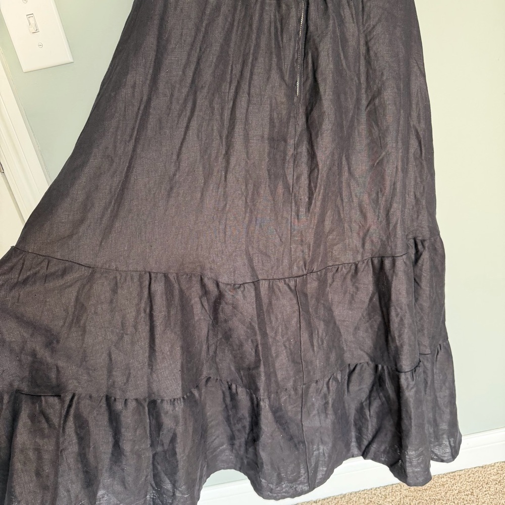 Reformation "Hyla" 100% Linen Black Sleeveless Ruffle-Trim Tiered Midi Dress - Picture 9 of 14